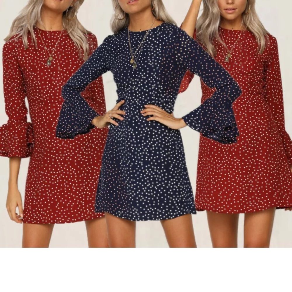 Red polkadot three-quarter ruffle sleeves dress S - Picture 2 of 4